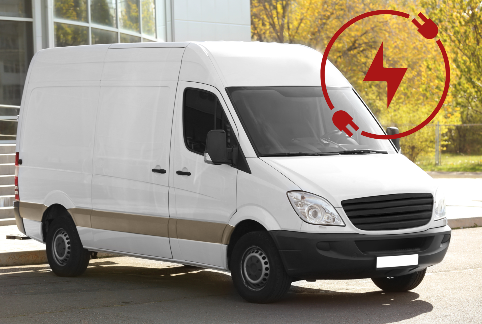 Electric Fleet Post White electric delivery van parked outside.