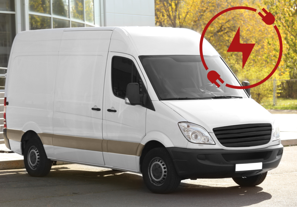 Electric Fleet Post White electric delivery van parked outside.